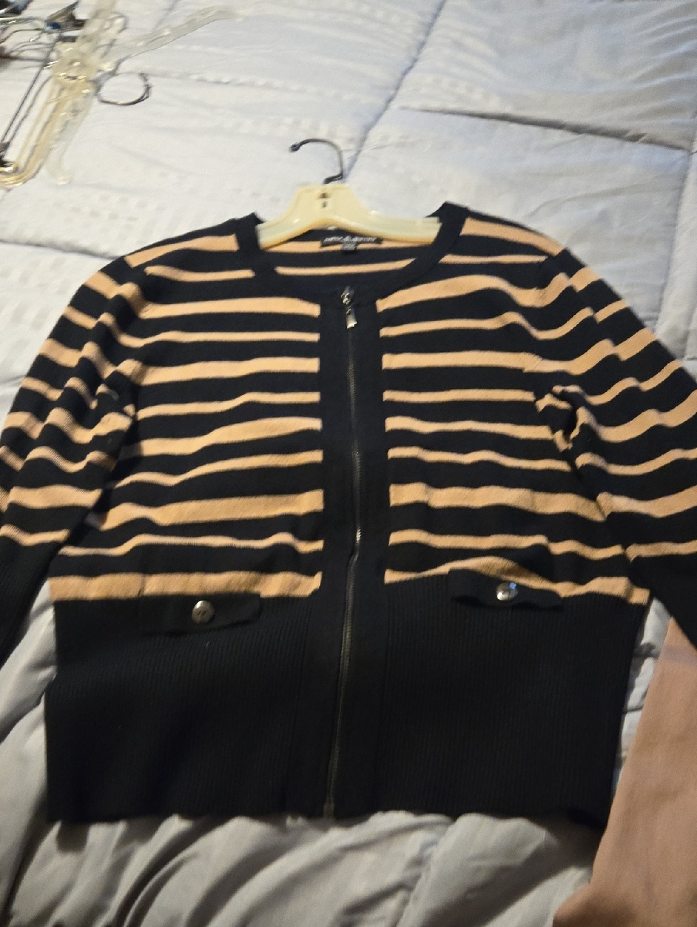 Striped Zip-Front Womens Sweater Jacket in Black and Tan